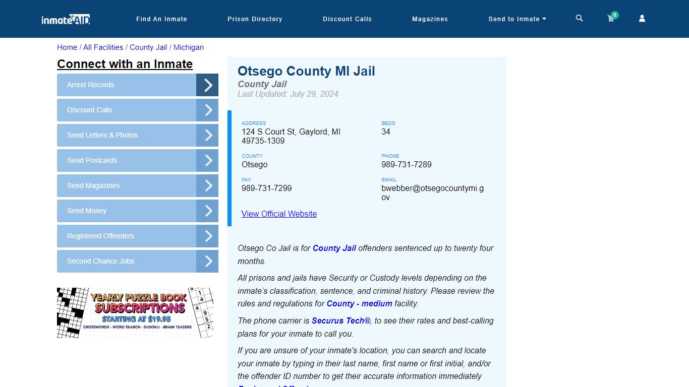 Otsego County MI Jail - Inmate Locator